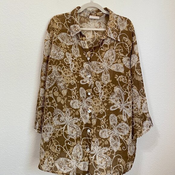 Alfred Dunner Women's Sheer Brown Cream Butterfly Floral Button Front Blouse - Picture 2 of 10